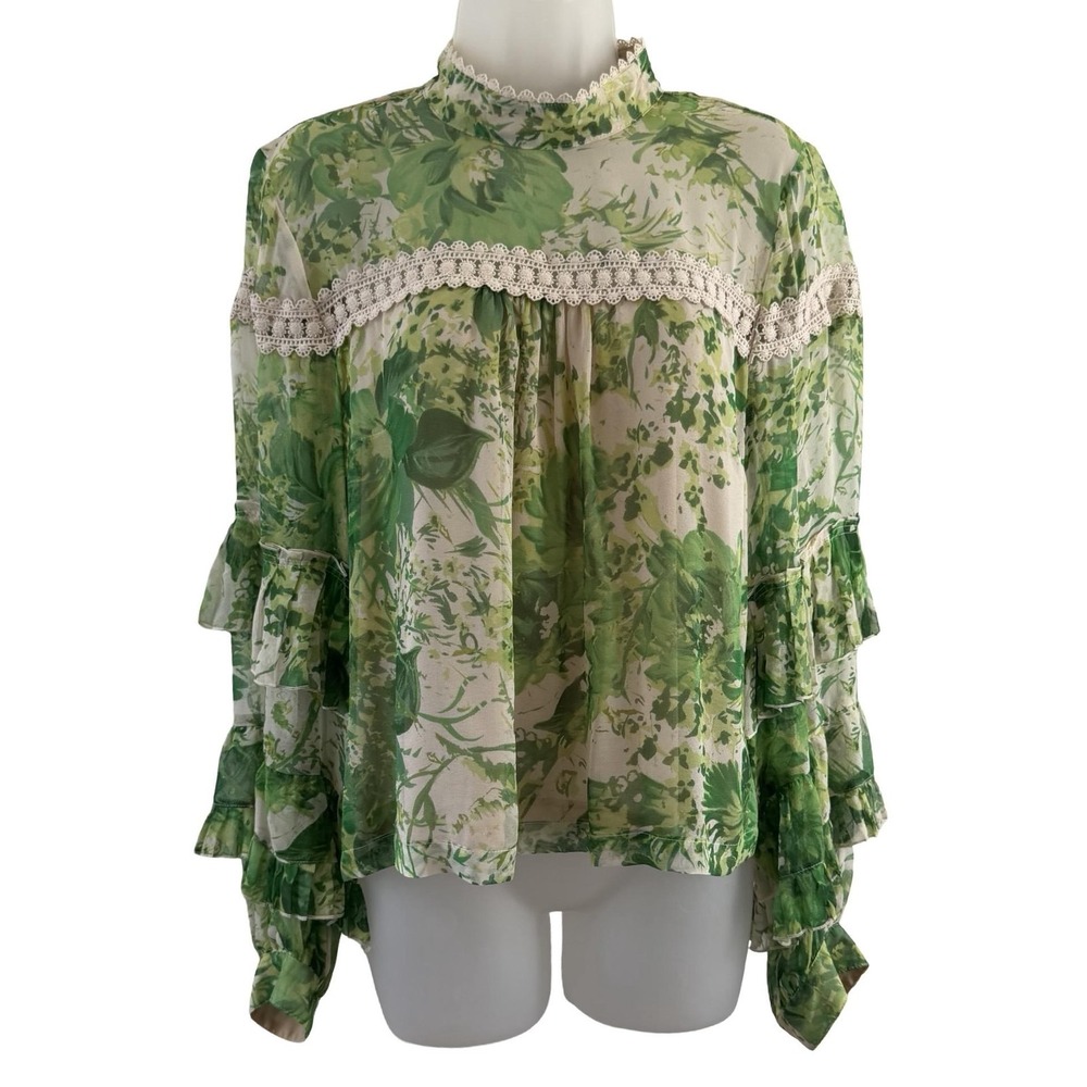 Hope For Flowers By Tracy Reese Angelina Peasant Blouse Womens 10 Green Silk - Picture 5 of 16